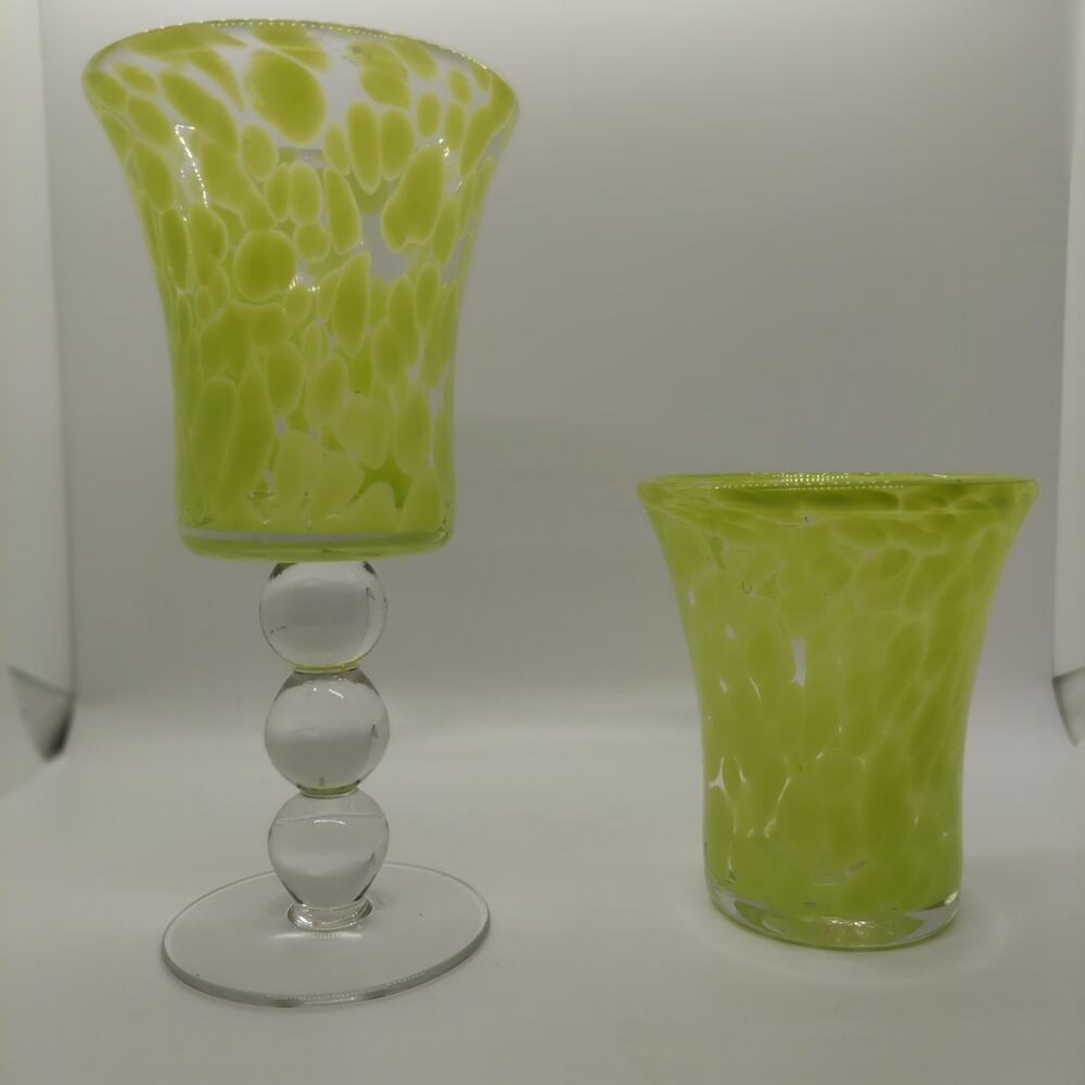 Lime Green Spatter Art Glass Goblet & Tumbler Cup Candle Holder Hand Blown MCM